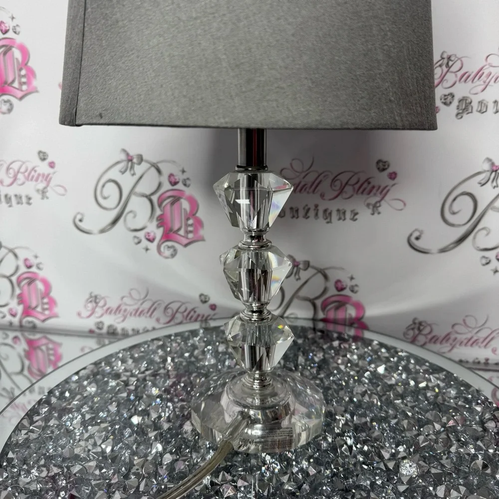 2 lamps crystal bases sparkly crystals grey lamp shade plug in wall luxury